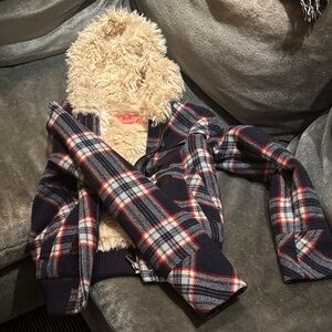 Plaid Jacket with Faux Fur Hood